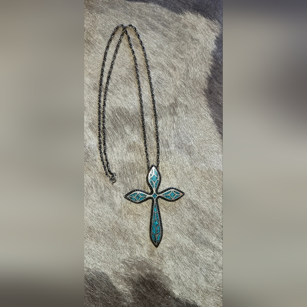 Turquoise Tarnished Silver Cross Necklace, 11½" Silver Chain